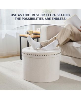 Large 20" Round Collapsible Storage Ottoman with Nailhead Trim