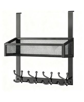 Stainless Steel Over Door Hook with Basket & 16 Hooks for Coats, Towels, Keys
