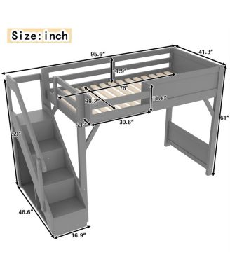 Twin Loft Bed with Wardrobe, Storage, Shelves, Guardrails & Stairs