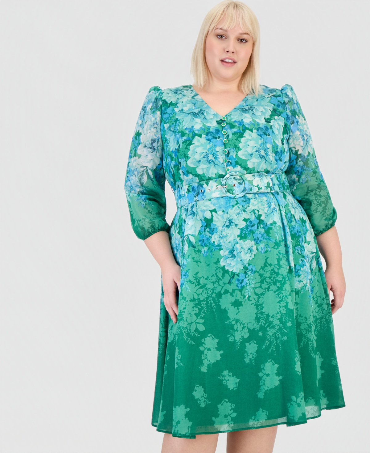 Tahari Asl Plus Printed Long-Sleeve Belted Dress