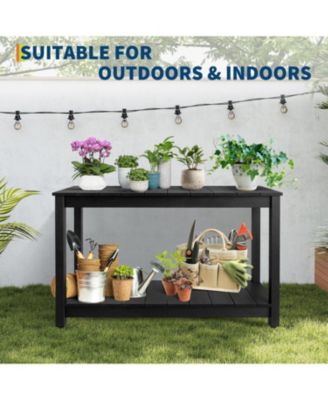  2-Shelf Console Table, Indoor Outdoor 2-Tier Patio Buffet Table with Adjustable Foot Pad, Wooden Bar Storage Organizer