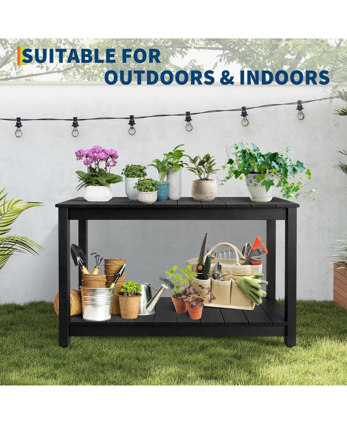 gaomon 2-Shelf Console Table, Indoor Outdoor 2-Tier Patio Buffet Table with Adjustable Foot Pad, Wooden Bar Storage Organizer