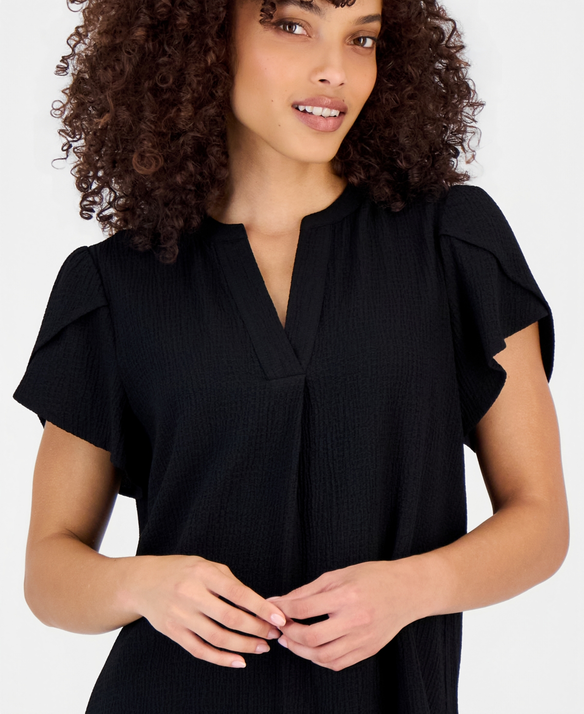 Anne Klein Essentials Petite Textured Tulip-Sleeve Top