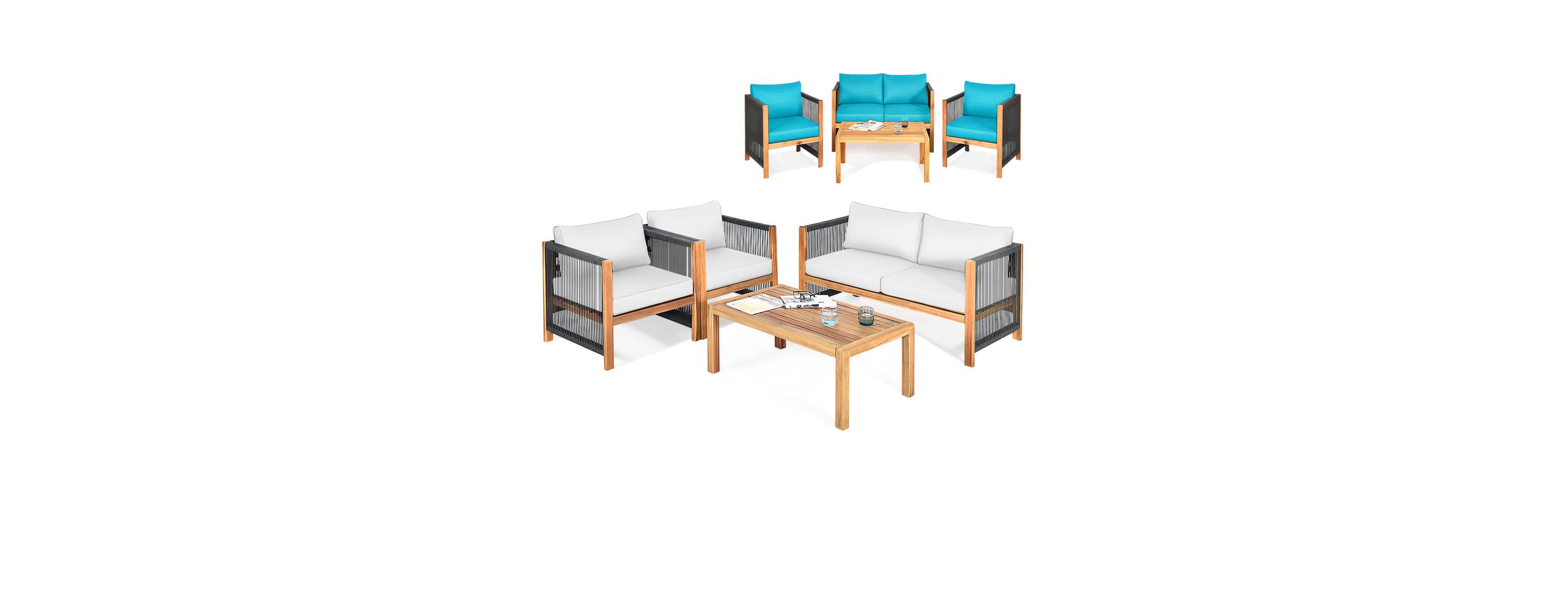 Gymax Set Of 4 Wood Outdoor Patio Furniture Set w/Cushions Cushion Cover Sets
