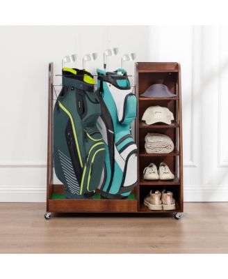 Golf Bag Storage Rack - Wooden Golf Clubs Organizer Fit 2 Golf Bags and Other Golfing Equipment Accessories for Garage, Club, Basement