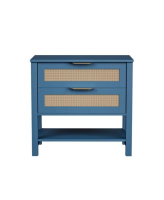 Rattan Nightstand - Bedside Table with 2 Drawers, Open Storage Shelf and Gold Drawer Handles for Bedroom, Living Room, Hallway