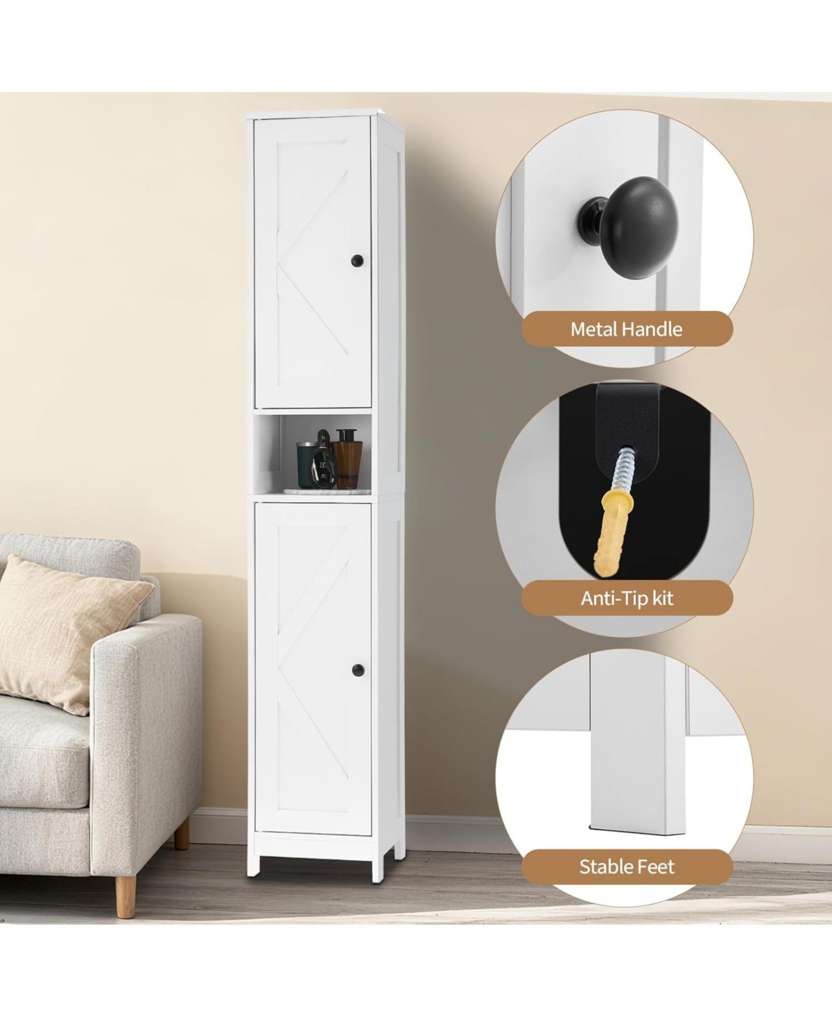 gaomon Tall Narrow Bathroom Cabinet, 66.9", Freestanding Water-Resistant Storage, 2 Doors, Small Space Organizer