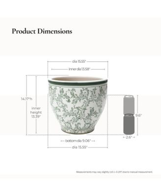Green Paisley Ceramic Planter, 15.55" Round, Indoor & Outdoor Flower Pot