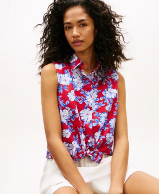 Women's Printed Poplin Knotted Collared Shirt