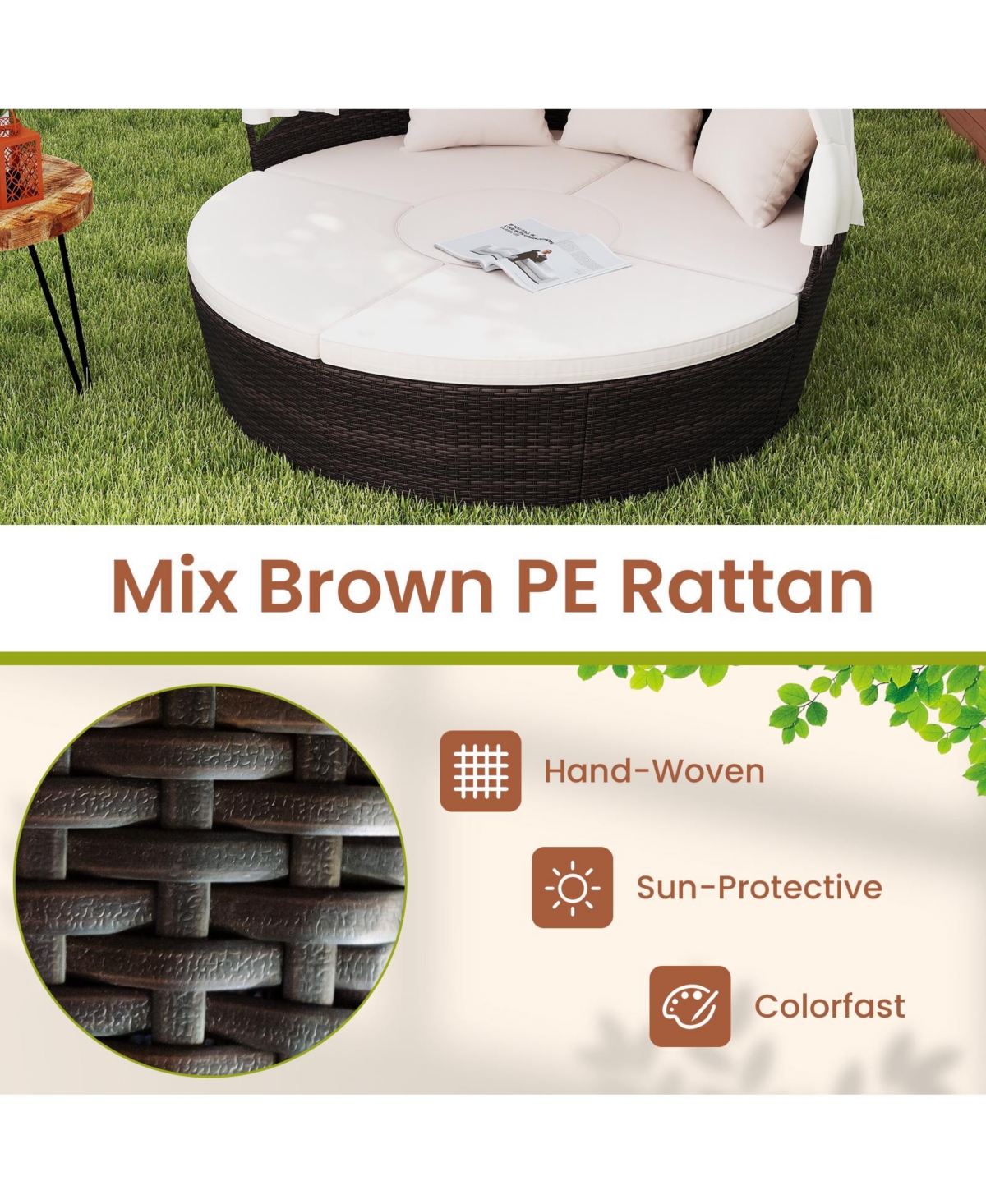 Gymax Patio Round Daybed Pe Rattan Cushioned Sectional Seating w/ Retractable Canopy Outdoor