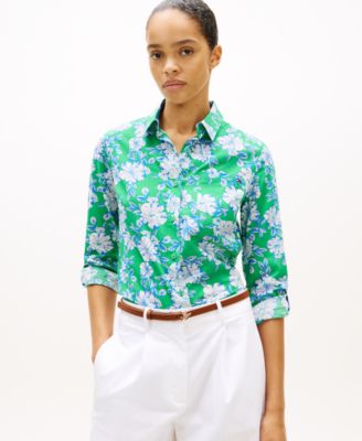 Women's Printed Button-Front Roll-Tab Shirt