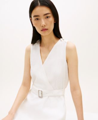 Women's Linen Belted V-Neck Wrap Dress