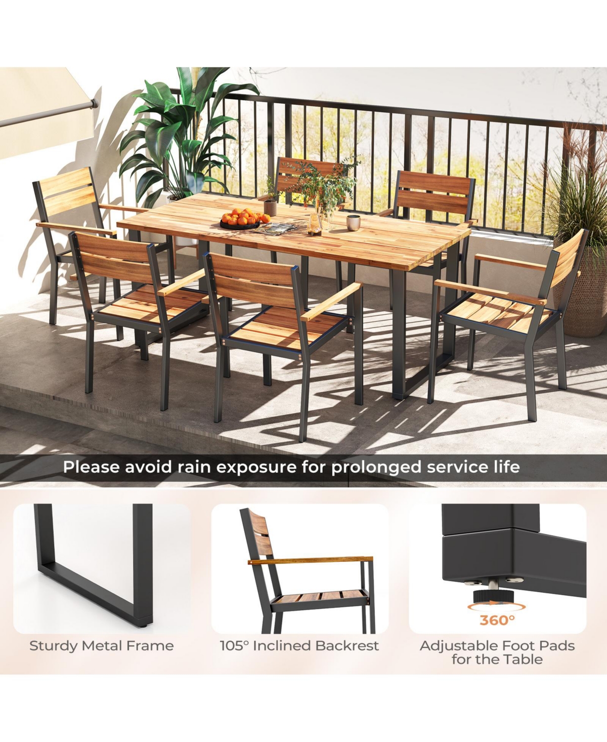 Gymax Patio Dining Chair set of 6 w/ Heavy-duty Metal Frame 6 Acacia Armrest Stackable Chairs