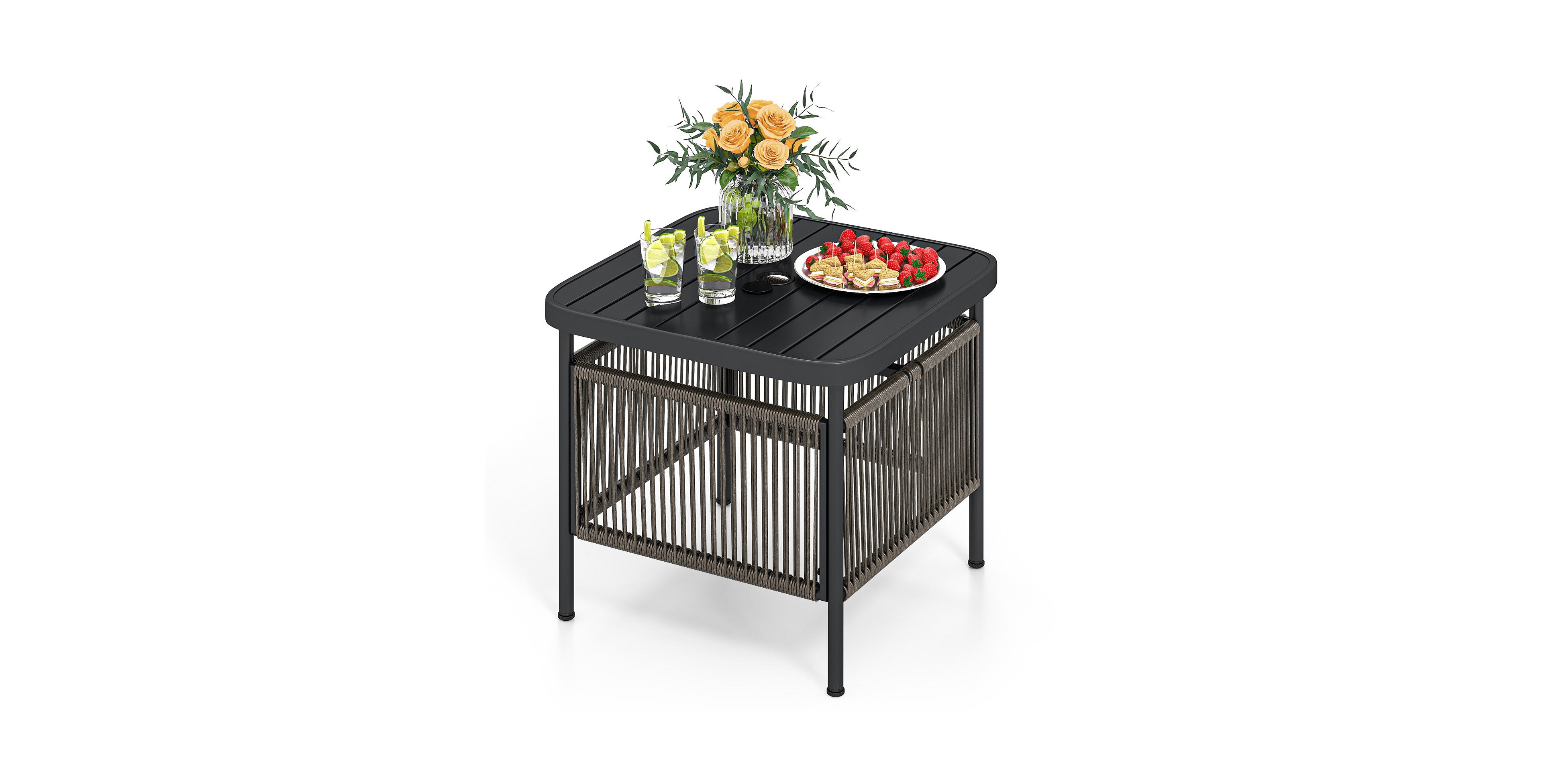 Gymax Pe Rattan Outdoor Side Table with 1.57-Inch Umbrella Hole, Square Patio End Table