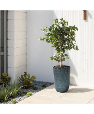 Ocean Grid Textured Ceramic Planter, 17" Tall, Decorative Pot with Raised Pattern