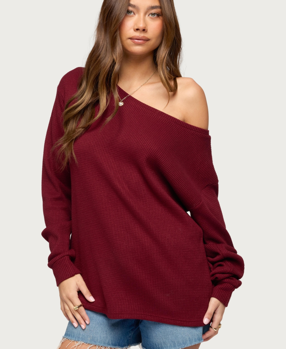 Edikted Women's Damari One Shoulder Oversized Waffle Top