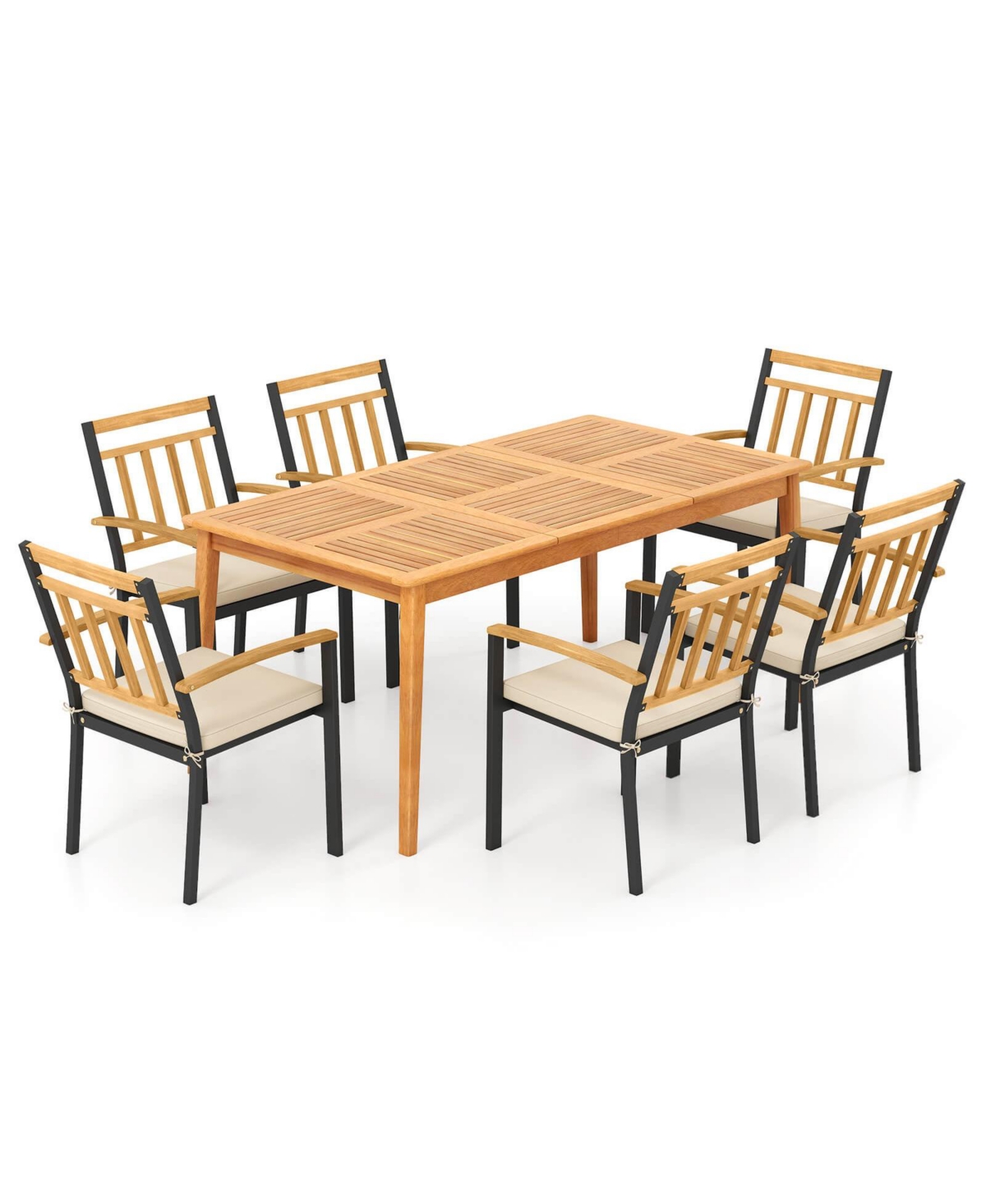 Gymax Set Of 7 Patio Acacia Wood Dining Set w/ Soft Seat Cushions Umbrella Hole Outdoor