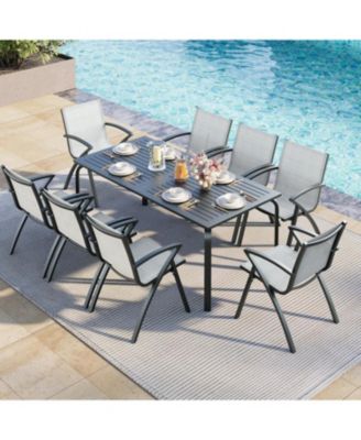 9-Piece Patio Dining Table Sets for 8, Outdoor Aluminum Frame Dining Furniture Set with Umbrella Hole Cut-Out Table, 8 Stirling Chairs