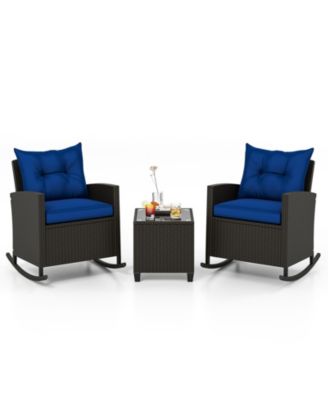 Set of 3 Wicker Rocking Set Tempered Glass Table Patio Outdoor