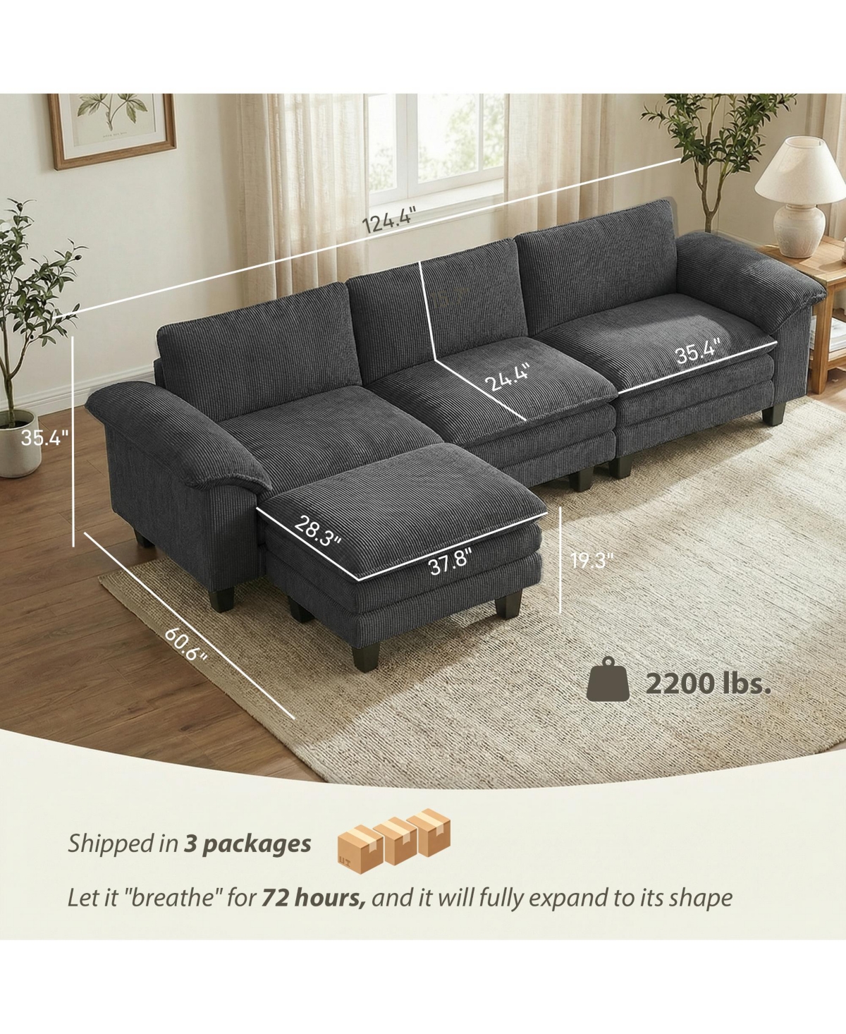 Homcom Sectional Sofa, L Shaped Couch with Deep Seat, Ottoman