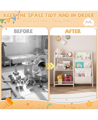 Kids Bookshelf and Toy Organizer - 3 Tier Wooden & Fabric Bookcase with Anti-Tip Kit for Playroom, Nursery, Classroom
