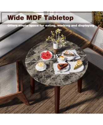 35 Inch Round Dining Table with Rubber Wood Legs and Marble-textured Veneer Tabletop