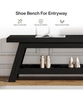 55" Wood Entryway Bench with Shoe Storage, Large 2-Tier Narrow Hallway Foyer Seating Bench