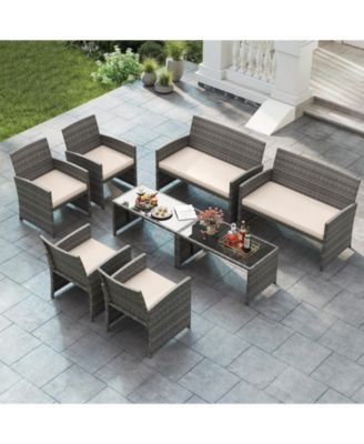 8PCS Patio Outdoor Conversation Set w/Seat Cushions & Tempered Glass Tabletop