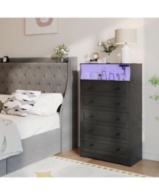4 Drawer Wooden Nightstand for Bedside with LED Lights & Charging Station, Wood Chest of Drawers for Closet, Living Room, Hallway, Entryway