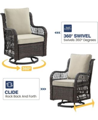 3-Piece Outdoor Patio Bistro Set - PE Wicker 360° Swivel Glider Chairs with Thick Cushions & Tempered Glass Table, Brown Rattan Furniture
