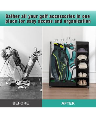 Golf Bag Storage Rack - Wooden Golf Clubs Organizer Fit 2 Golf Bags and Other Golfing Equipment Accessories for Garage, Club, Basement