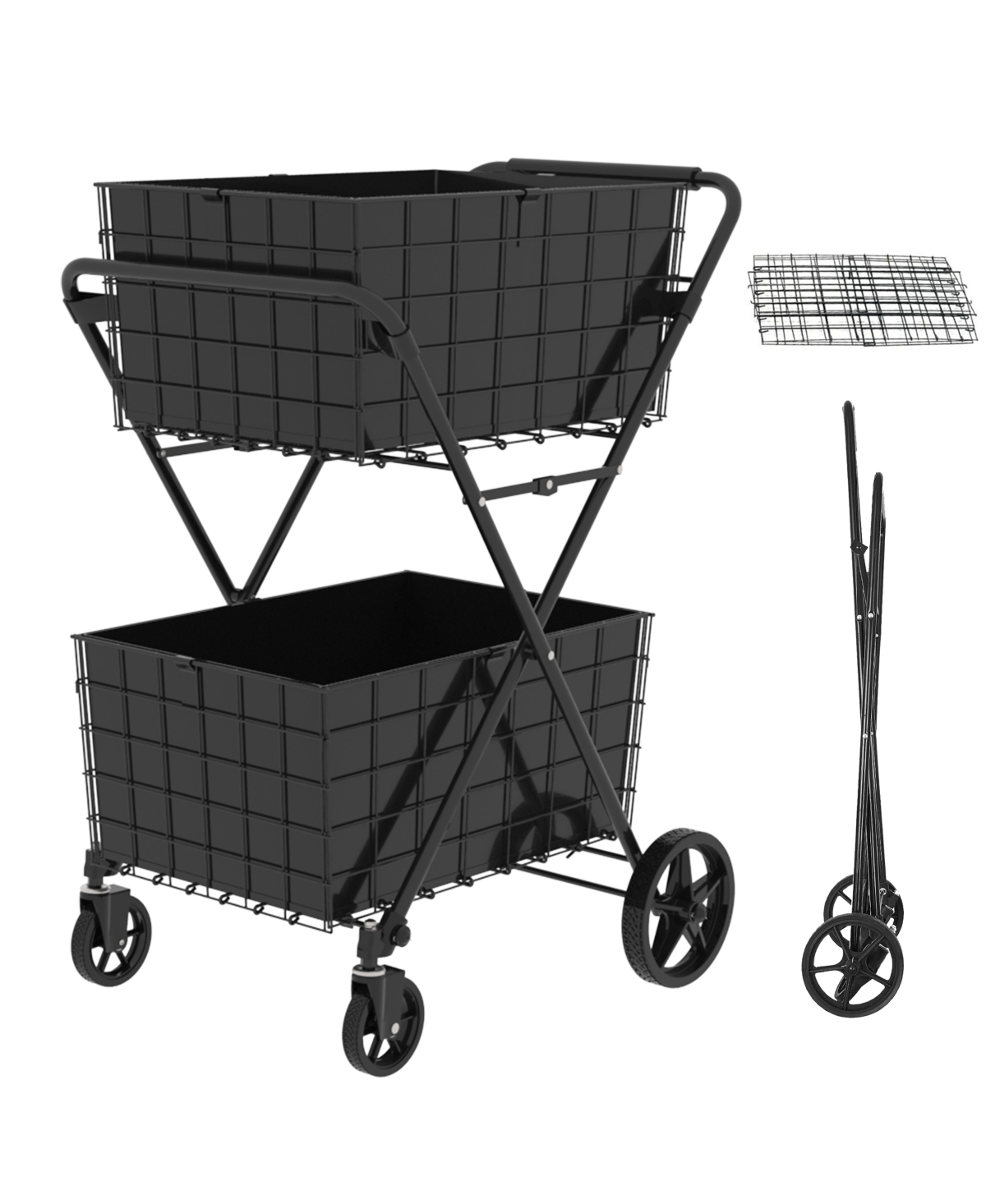 Rainsken 2 Layers Grocery Cart on Wheels, Extra Jumbo Foldable Shopping Cart with 2 Removable Baskets and Waterproof Liner for Camping