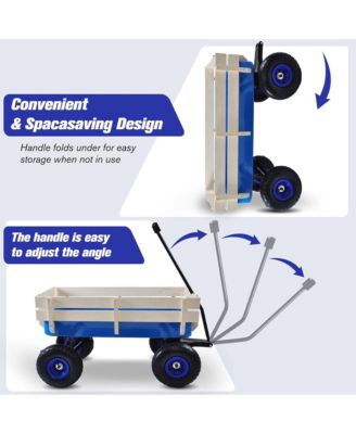 Heavy Duty Rolling Garden Wagon - Utility Cart with Wooden Side Panels, Air Tires Pulling and Wide Grip Handle for Grocery, Camping