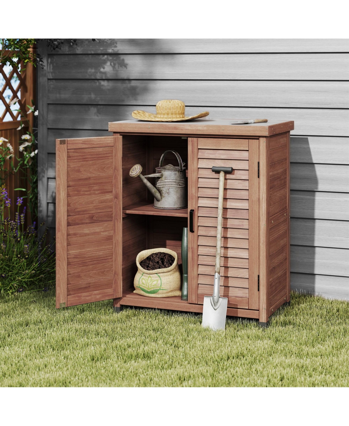 Clihome 31.5x17x36" Potting Bench with Storage Cabinet and Metal Tabletop