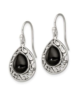 925 Sterling Silver Oxidized Rhodium-Plated Teardrop Simulated Onyx Filigree Boho Hook Earrings