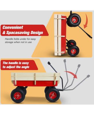 Heavy Duty Rolling Garden Wagon - Utility Cart with Wooden Side Panels, Air Tires Pulling and Wide Grip Handle for Grocery, Camping