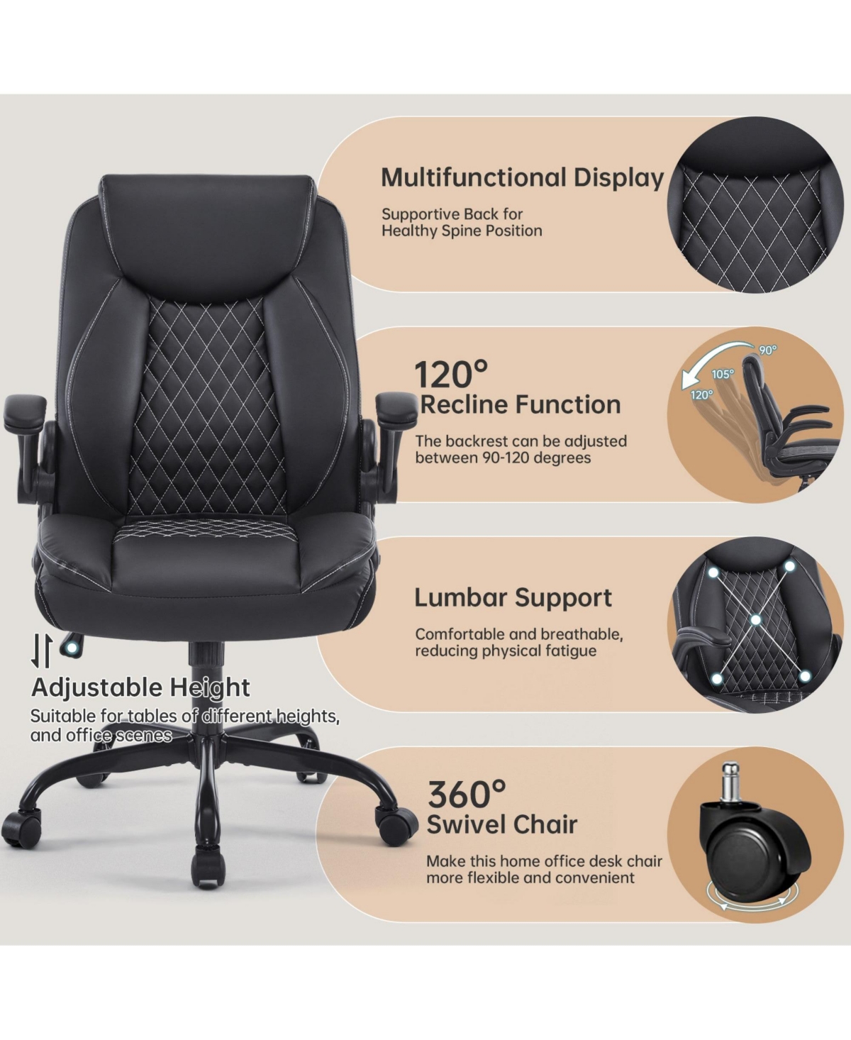 Boyel Living Ergonomic Leather Office Chair with Flip-Up Armrests, Lumbar Support, Swivel & Rocking – Home Desk