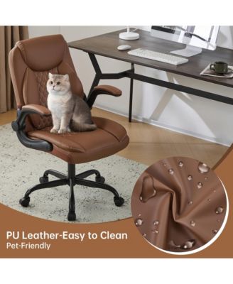 Ergonomic Leather Office Chair with Flip-Up Armrests, Lumbar Support, Swivel & Rocking – Home Office Desk Chair