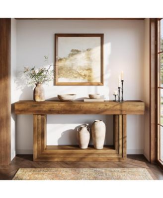 63" Narrow Console Table, 2-Tier Long Entryway Table, Farnhouse Console Behind Couch, Brown