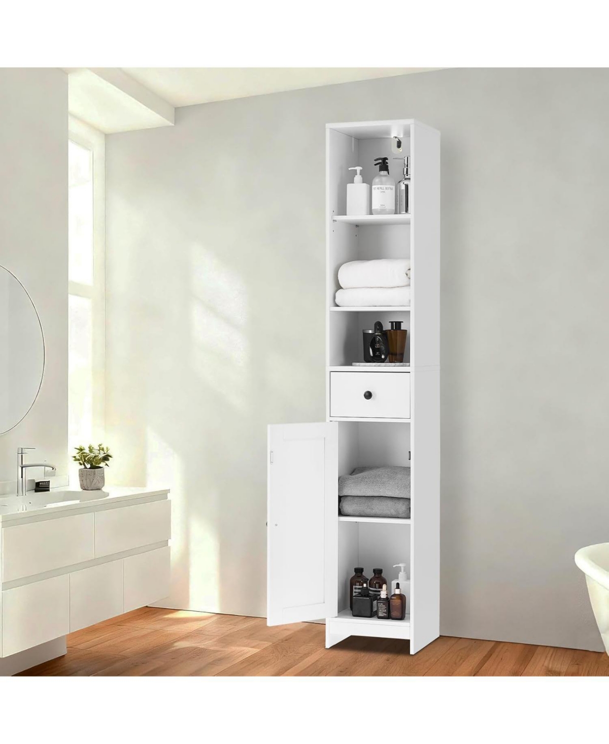 gaomon Tall Bathroom Storage Cabinet, Freestanding with Drawer, Door & Open Shelf, Organizer for Bathroom, Kitchen, Living Room
