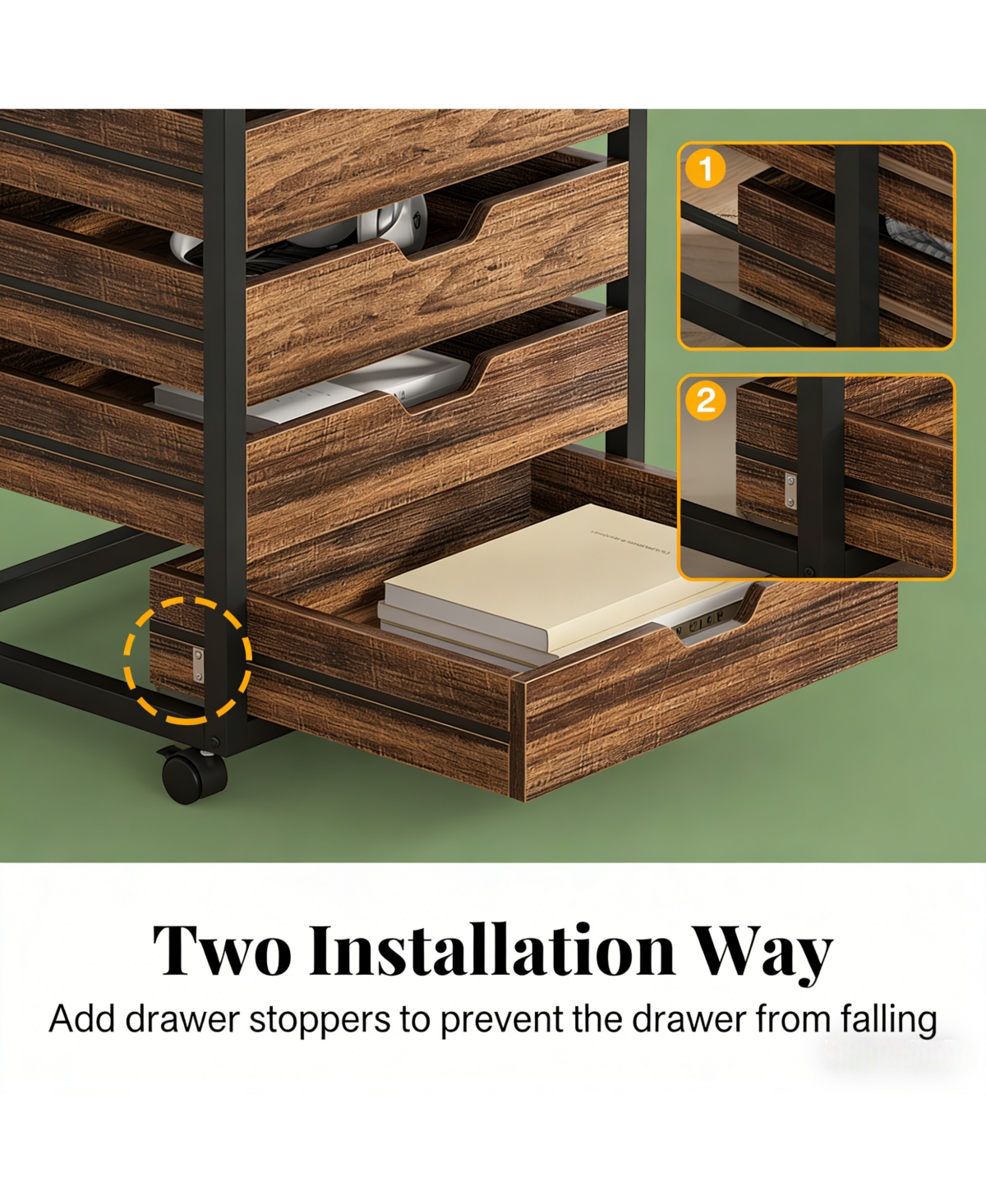 Rainsken 5-Drawer Mobile Storage Cabinet, Industrial Wood Drawer Organizer with Wheels for Office, Bedroom and Entryway