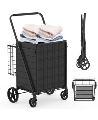 Extra Large Shopping Cart - Heavy Duty Folding Grocery Cart on Wheels with Double Basket and Removable Liner, Lightweight Trolley for Camping