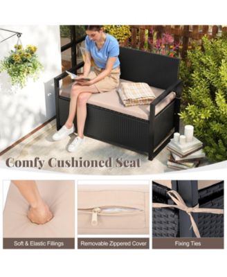 Patio Storage Bench Wicker Loveseat w/ Built-in Storage & Long Seat Cushion Outdoor