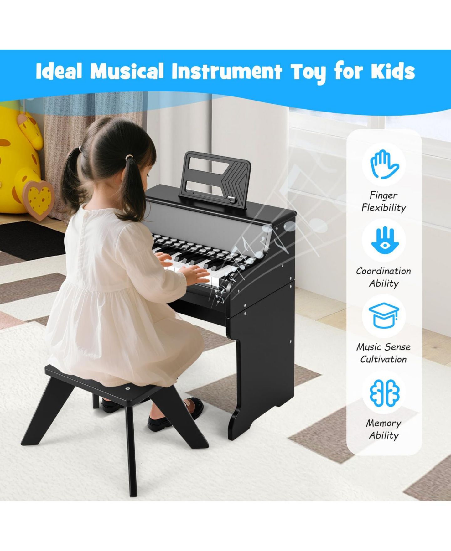 Детские игрушки Mecale 25-Key Kids Piano Keyboard Interactive Lighted Keys 3-Piece Music Kit, Ages 3+, цвет: Чёрный — фото 8