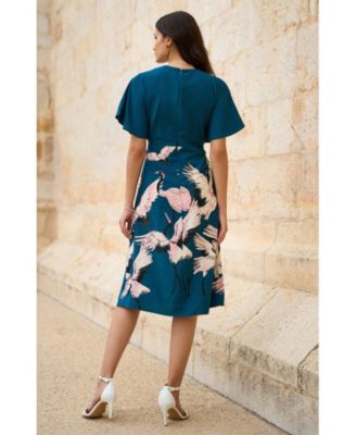 Women's Crane Print Kimono Midi Dress