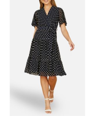 Women's Dot Print Mesh Stretch Midi Skater Dress