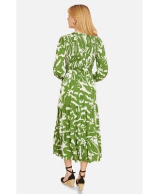 Women's Abstract Print Ruched V-Neck Midi Dress