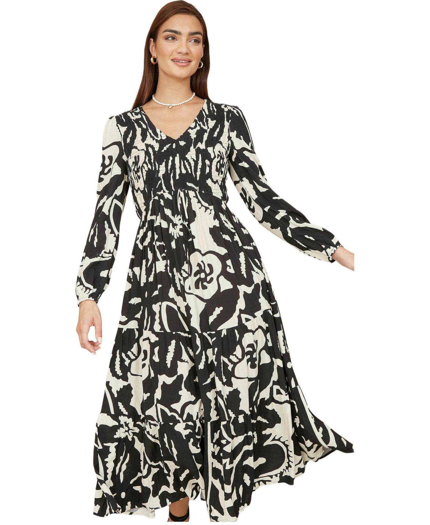 Женское платье Yumi Abstract Print Ruched V-Neck Midi, цвет: Чёрный — фото 6
