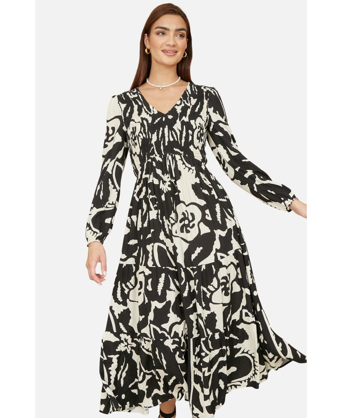 Yumi Women's Abstract Print Ruched V-Neck Midi Dress