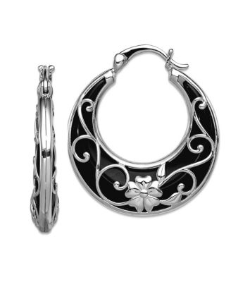 Sterling Silver Rhodium-Plated Black Onyx Filigree Boho Hoop Earrings